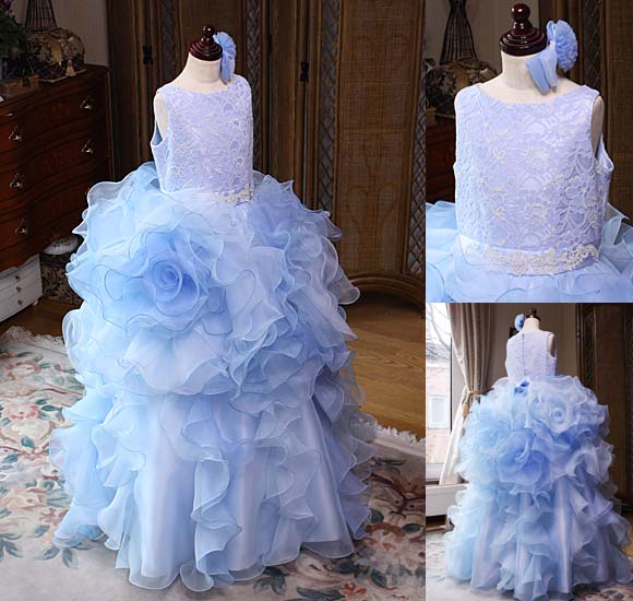 発表会ドレス ブルーフリル フラワー構成 オーダーメイドドレス 北海道札幌市