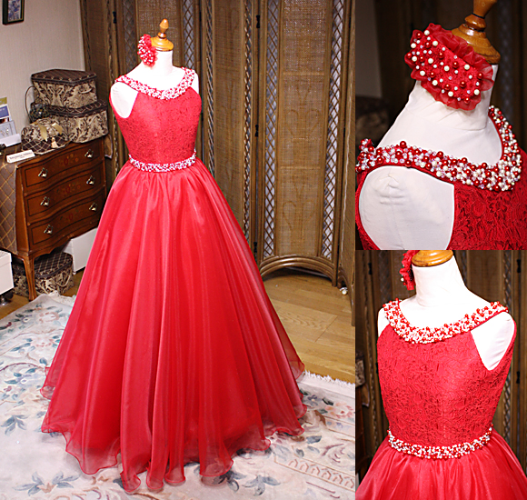 ピアノのコンクールドレス レッド 中学生ドレス オーダーメイドドレス