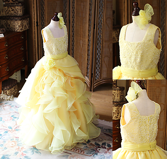 ピアノのコンクールドレス イエロー フリルデザイン