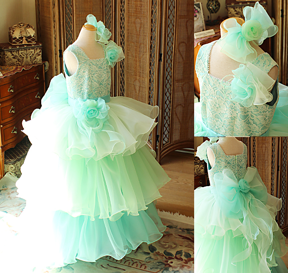 ピアノのコンクールドレス ティアード エメラルドグリーン