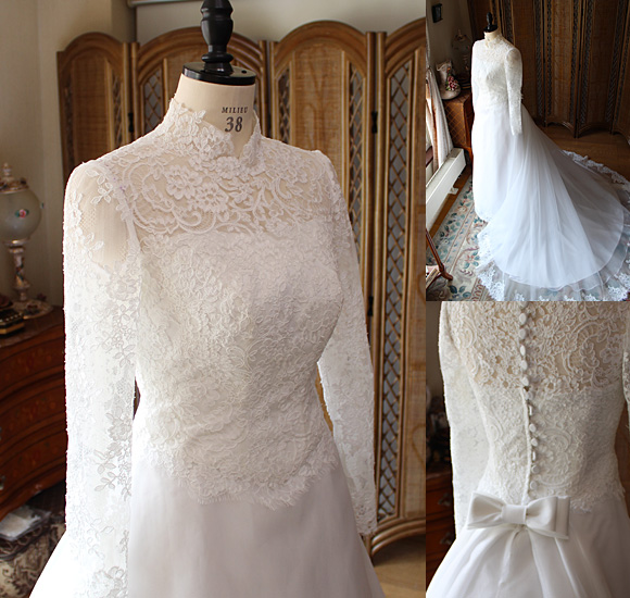 ウェディングドレス姿 スタンドカラー ロングスリーブ