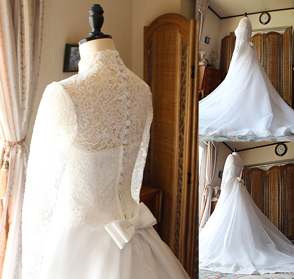 ウェディングドレス姿 背後 くるみボタン リボン