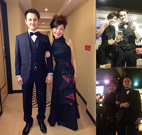 結婚式パーティー グリーンチェックのマーメイドドレス