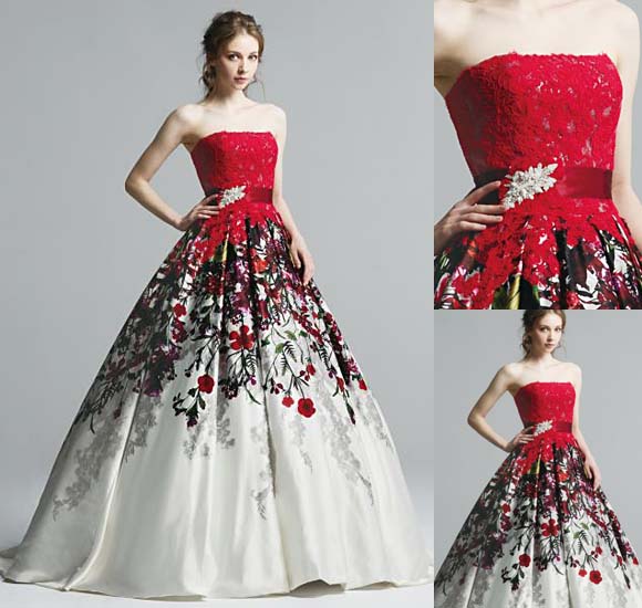 カクテルドレス レッド プリント柄